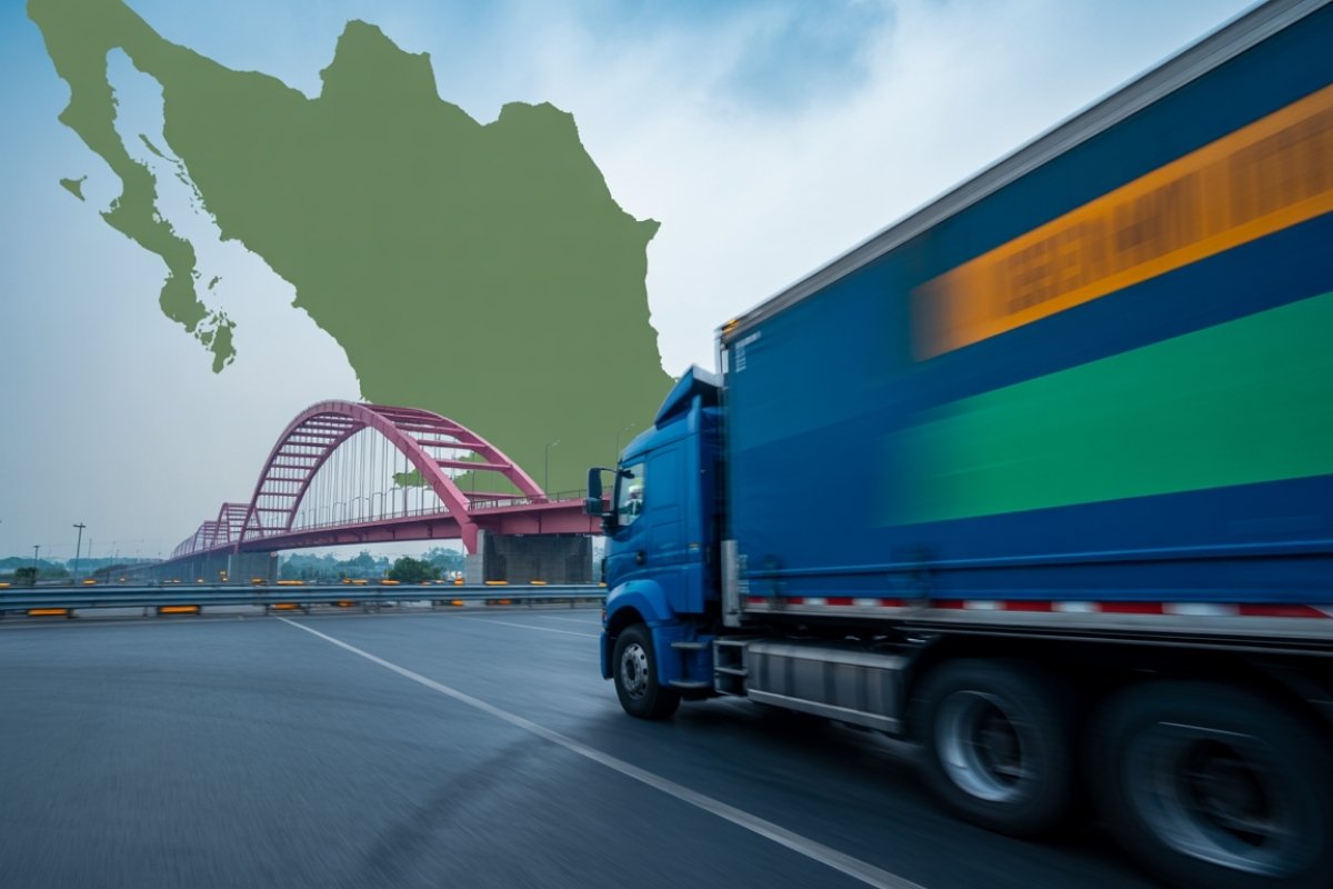 Camión cruzando un puente fronterizo en la ruta Texas–Tamaulipas.